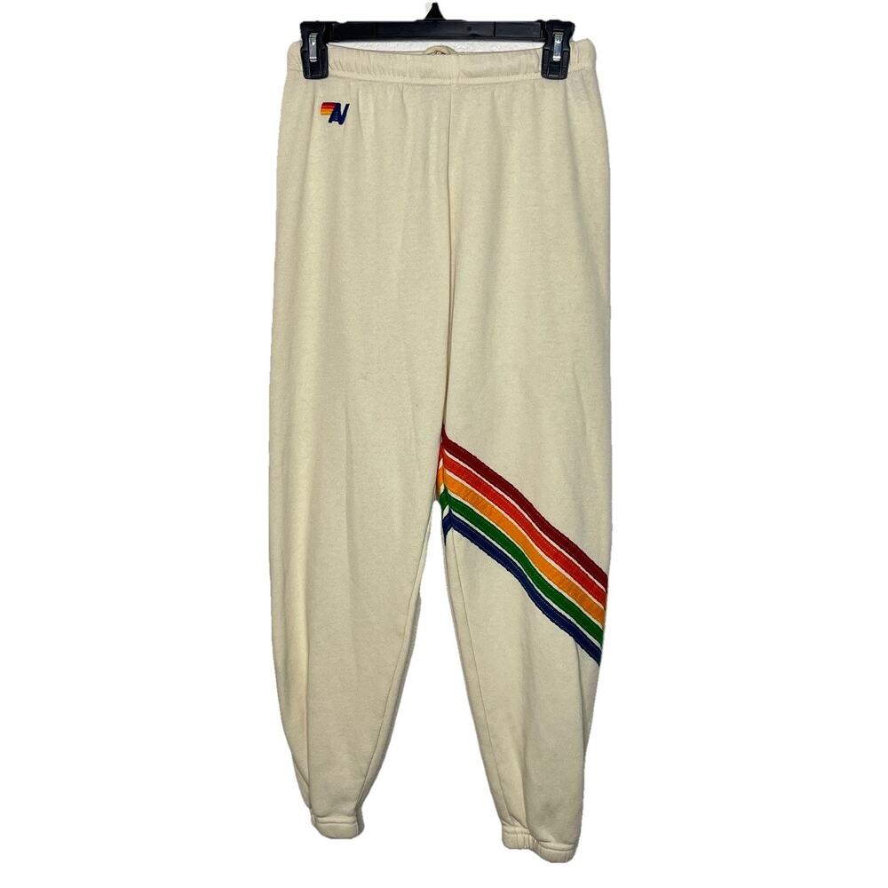 Aviator Nation Cream Rainbow Stitch Jogger Sweatpants XS Athleisure Beach USA N3
